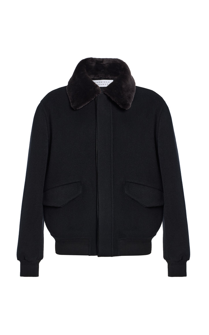 James Bomber Jacket in Black Double-face Recycled Cashmere with Shearling Collar