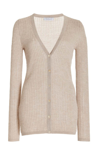 Oatmeal Cashmere Silk Emma Pointelle Knit Cardigan - Front View | Gabriela Hearst