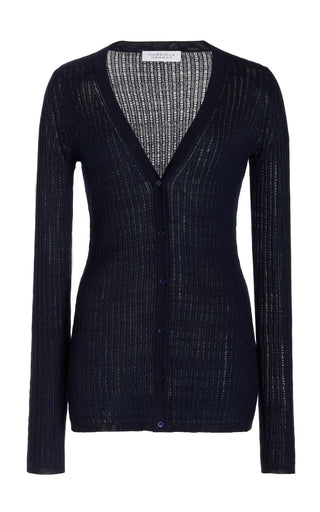 Dark Navy Cashmere Silk Pointelle Knit Cardigan - Front View | Gabriela Hearst