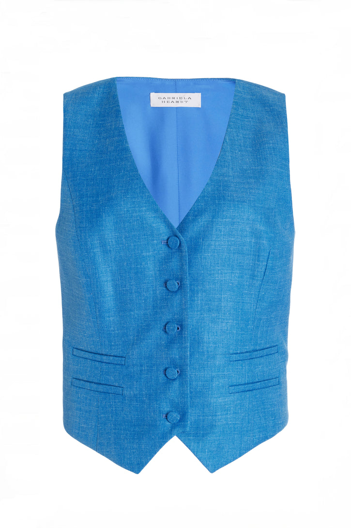 Coleridge Vest in Aventurine Blue Virgin Wool and Silk Linen Twill