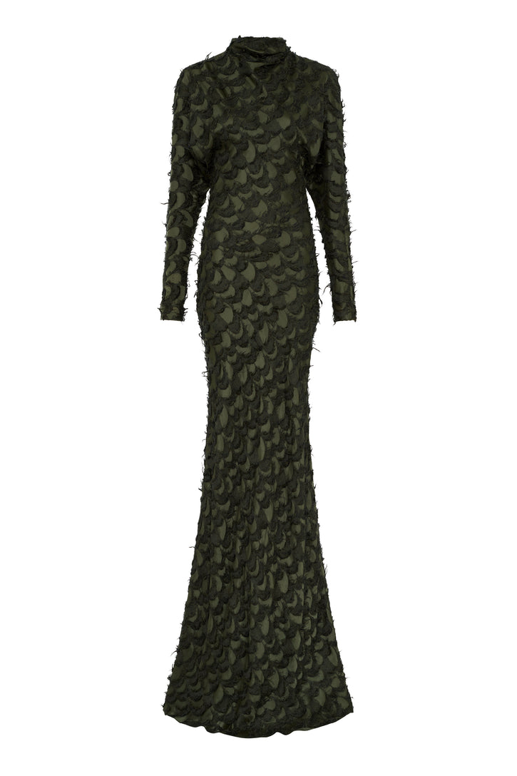 Aberdeen Dress in Deep Olive Silk Wool Fil Coupé