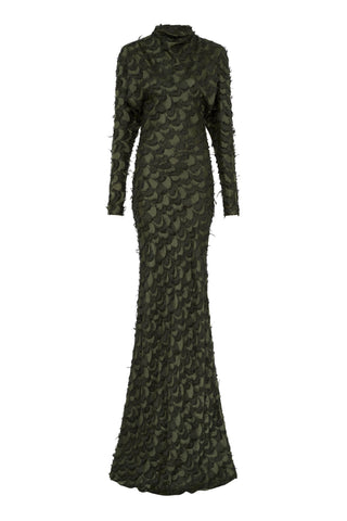Aberdeen Dress in Deep Olive Silk Wool Fil Coupé