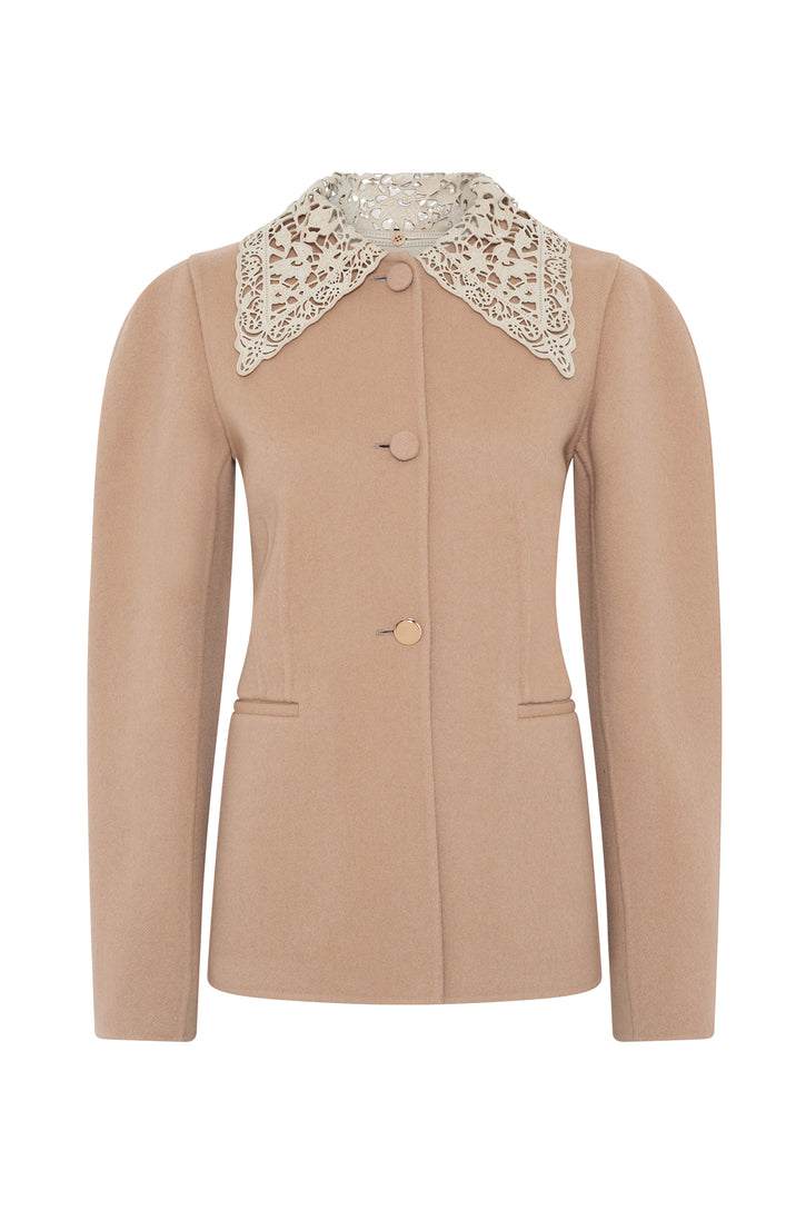 Daelan Jacket in Camel Double-face Recycled Cashmere with Suede Lace Collar