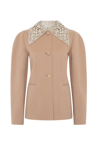Daelan Jacket in Camel Double-face Recycled Cashmere with Suede Lace Collar