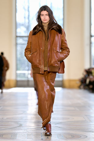 Grant Bomber Jacket in Cognac Vachetta Leather with Recycled Fur Collar