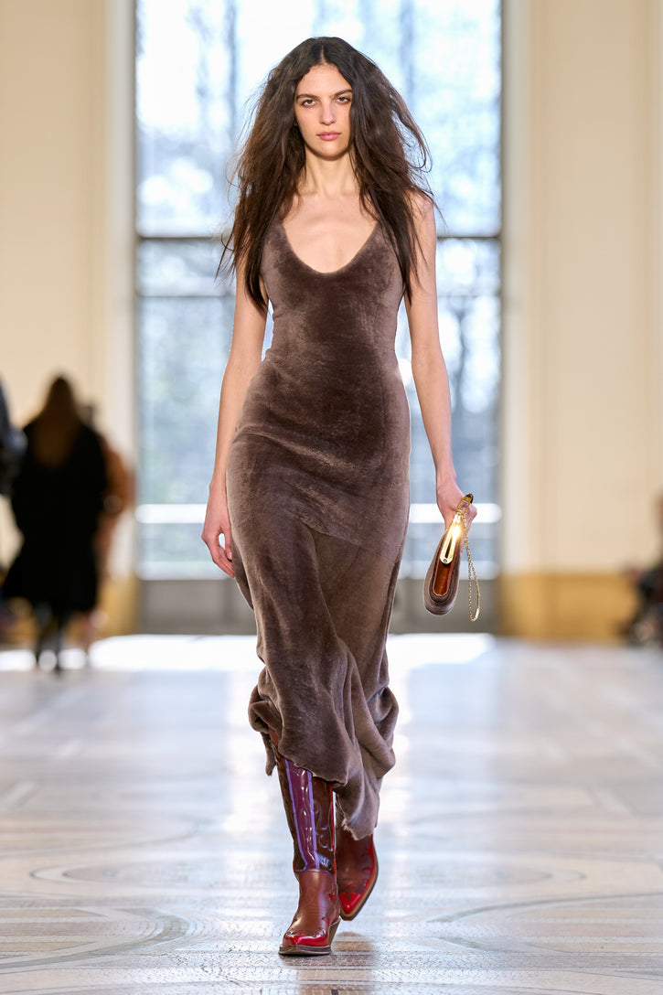 Lyth Raw Cut Dress in Mocha Shearling