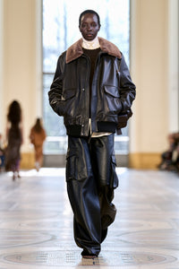 Grant Bomber Jacket in Black Leather with Shearling Collar