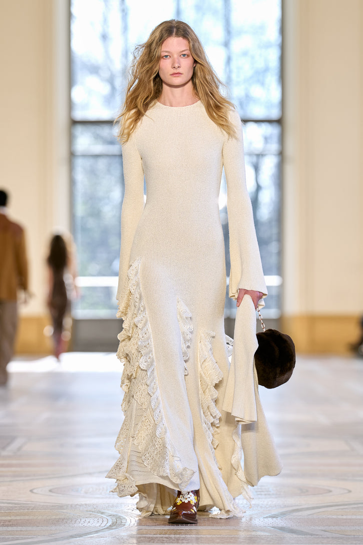 Bloomsbury Knit Dress in Ivory Silk with Custom Ruffles