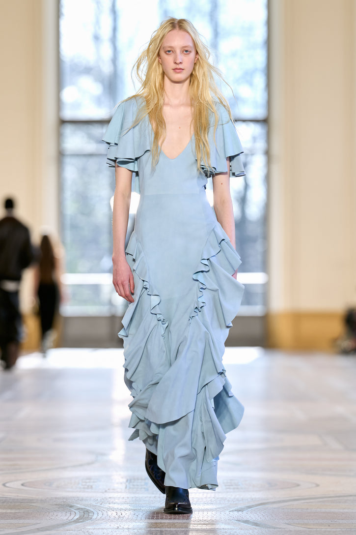Spiral Ruffles Dress in Light Blue Suede