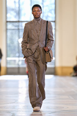 Rhein Pant in Camel Multi Wool Silk Houndstooth
