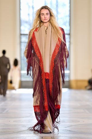 Mcaffrey Fringe Coat in Camel Double-face Recycled Cashmere with Silk Macrame