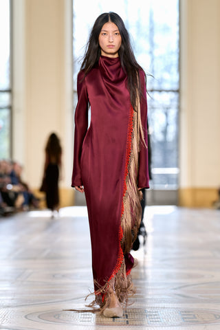 Anne Dress in Bordeaux Silk Satin with Silk Macrame