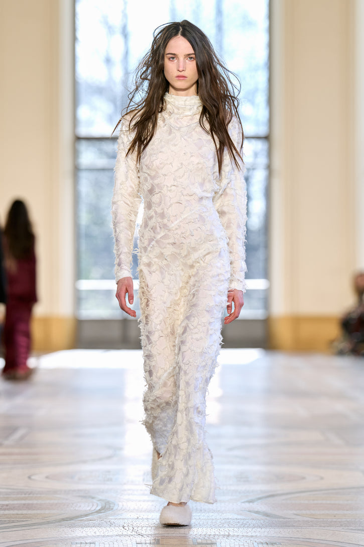 Aberdeen Dress in Ivory Silk Wool Fil Coupé