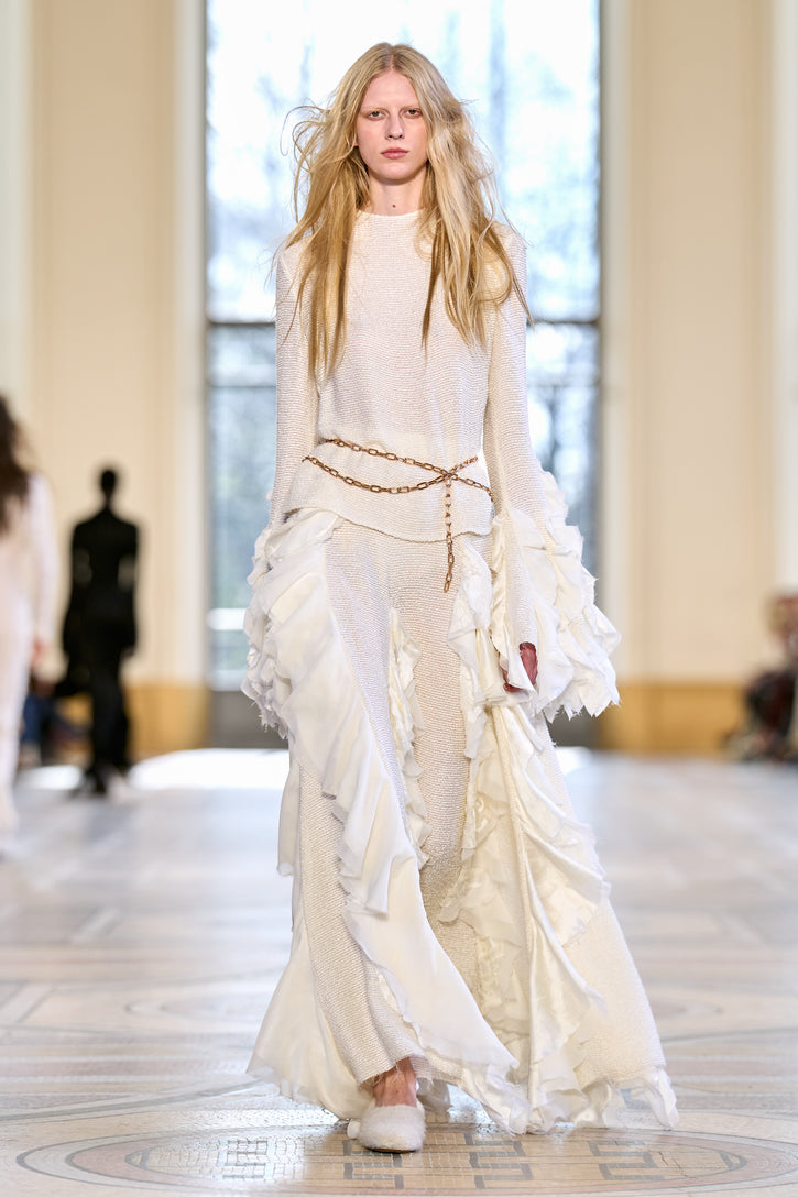 Fawcett Top in Ivory Silk Boucle with Custom Ruffles