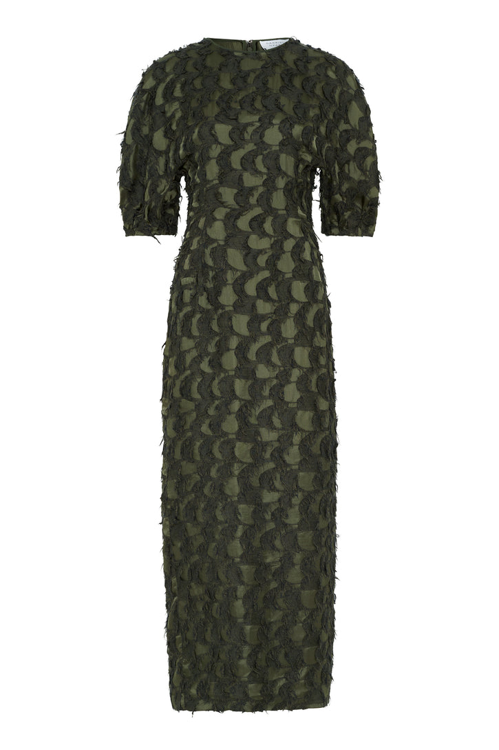 Coretta Dress in Deep Olive Silk Wool Fil Coupé