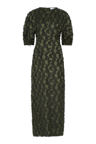 Coretta Dress in Deep Olive Silk Wool Fil Coupé