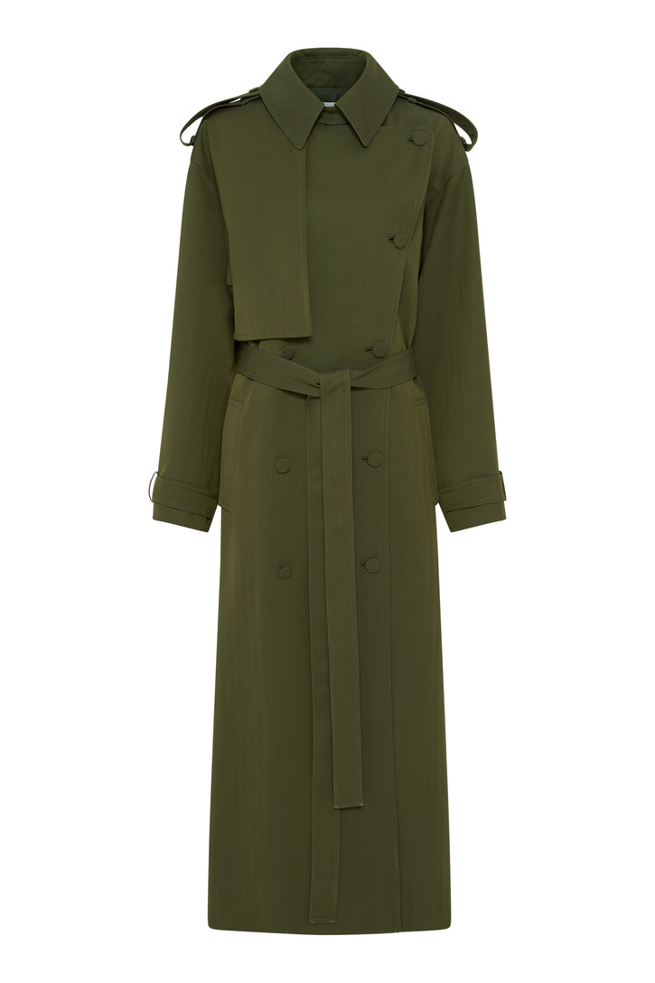 Tellus Trench Coat in Deep Olive Cross-dyed Wool