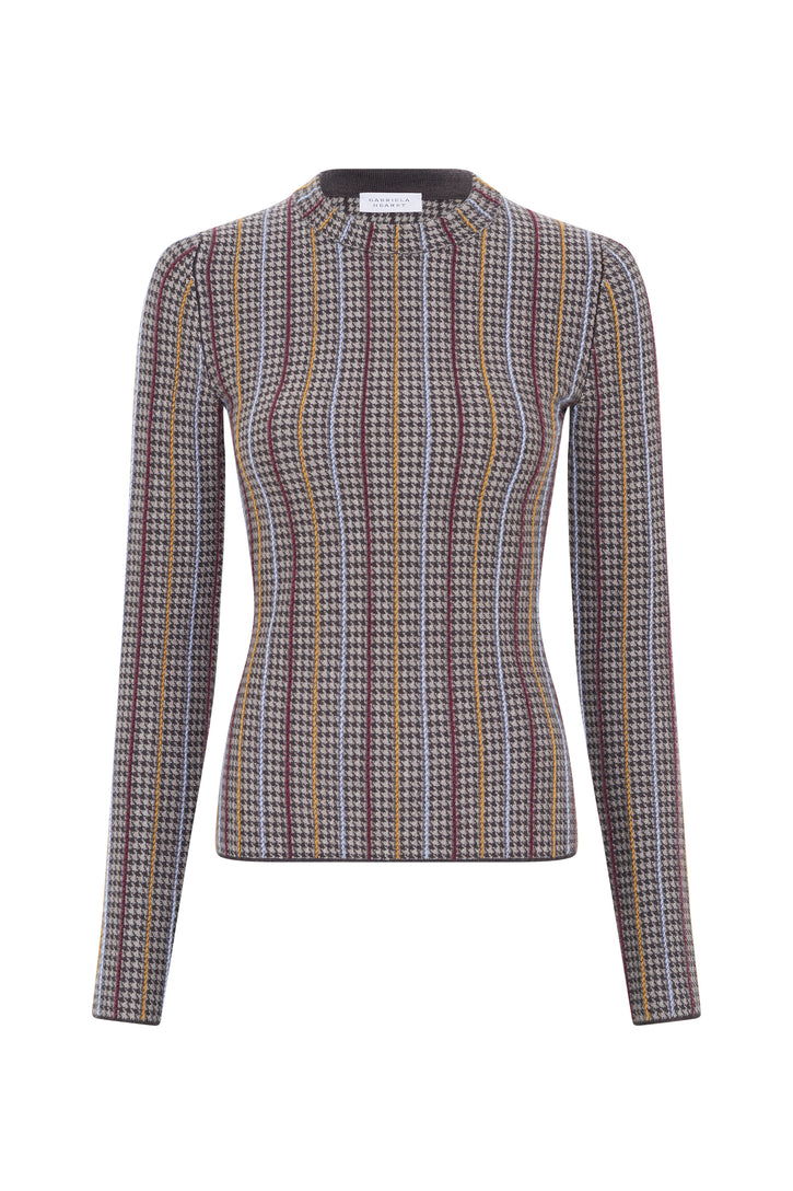 Pons Knit Sweater in Camel Multi Cashmere Silk Houndstooth