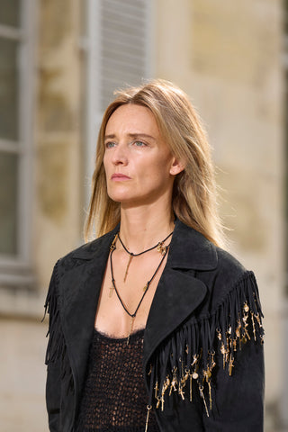 Black Suede Fringe Trench with Rose Gold Tarot Charms - Close Up Detail | Gabriela Hearst