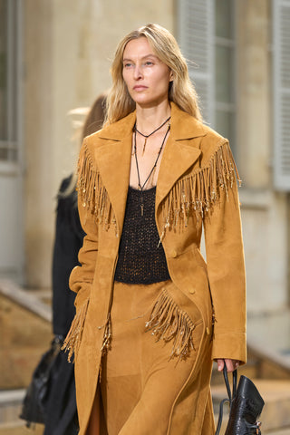 Cashew Suede Fringe Trench Coat - Front Walking Runway | Gabriela Hearst