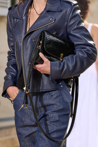 Medium Leonora Flap Bag in Black Snakeskin with Sunglasses Pouch