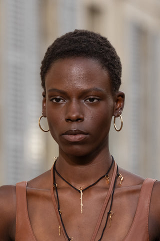 18K Yellow Gold Hoop Earrings - On Model Portrait | Gabriela Hearst