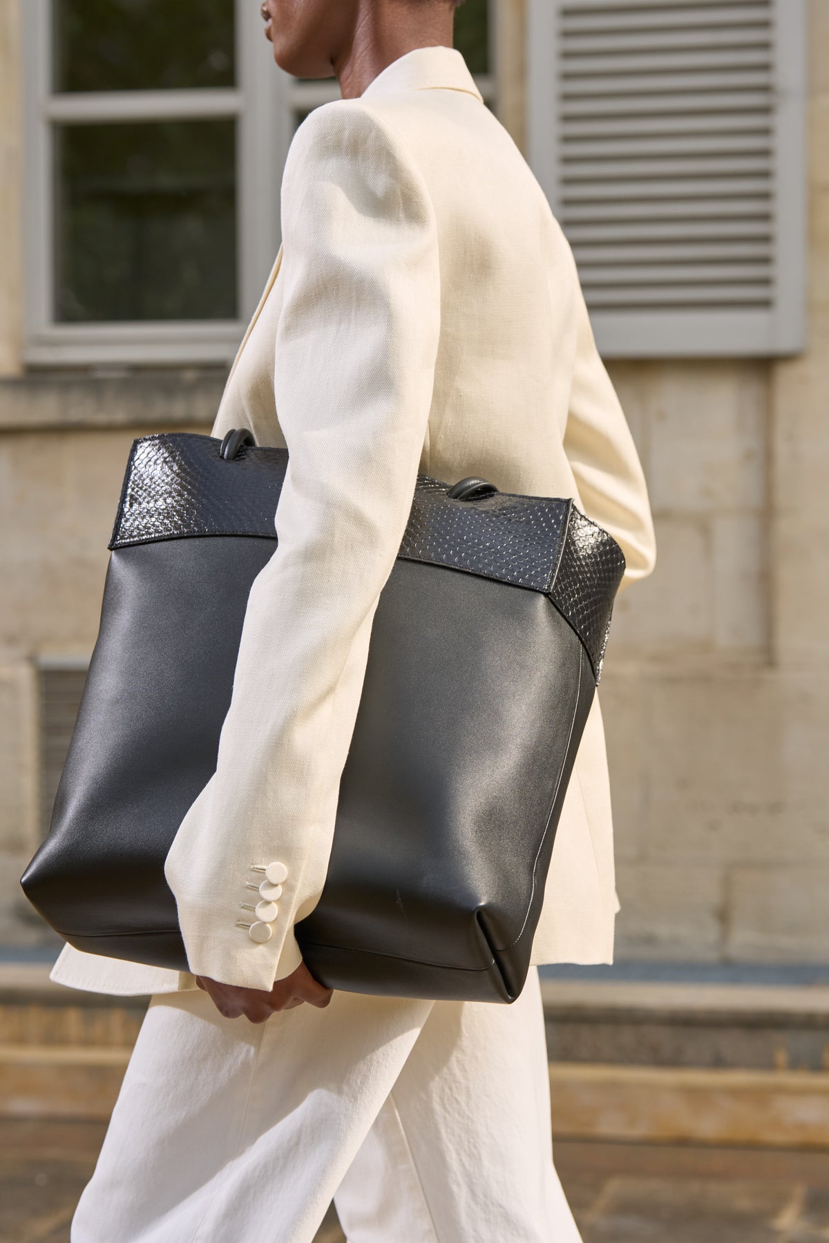 Tote Bag in Black Nappa Leather and Snakeskin Panels