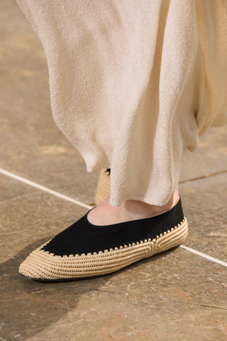 Strength Flat Shoe in Black Suede & Natural Raffia