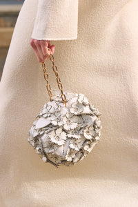 Soft Demi Clutch with Chain in Ivory Leather with Embroidered Flower Motif