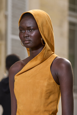 Cashew Suede Hooded Dress - Asymmetrical Neckline Detail | Gabriela Hearst
