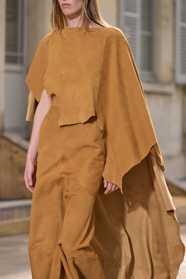 Calian Raw Cut Cape In Cashew Suede