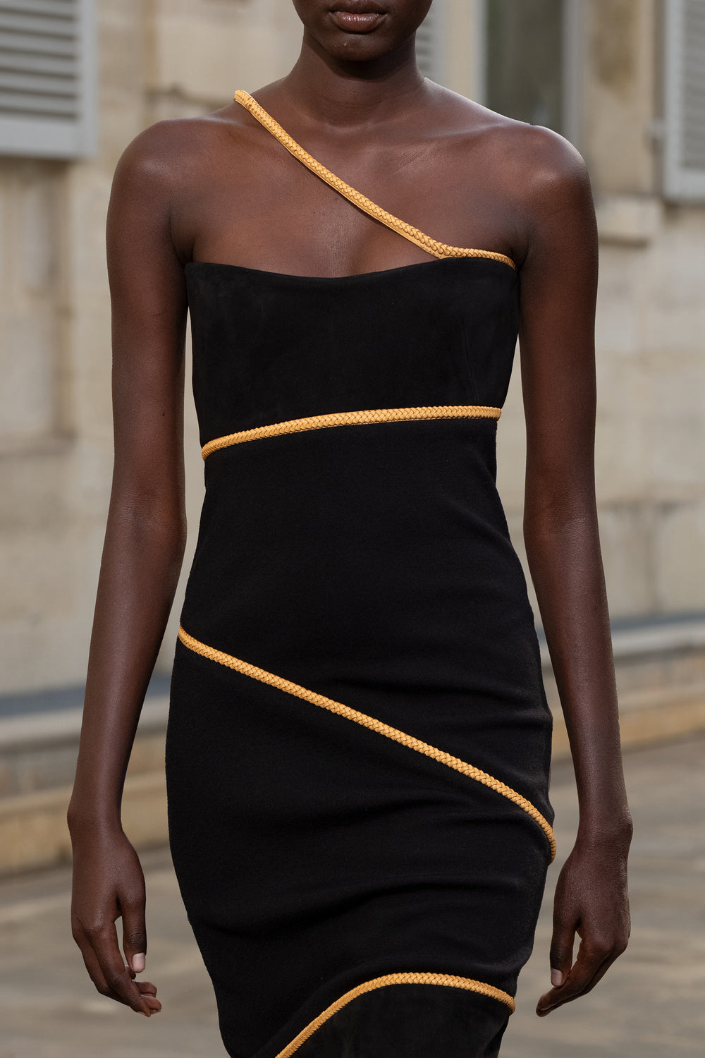 Tibor Rope Strapless Maxi Dress in Black Suede & Merino Wool