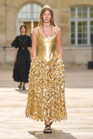 Gold Isai Maxi Dress with Embroidered Leaf Details - Runway Look | Gabriela Hearst