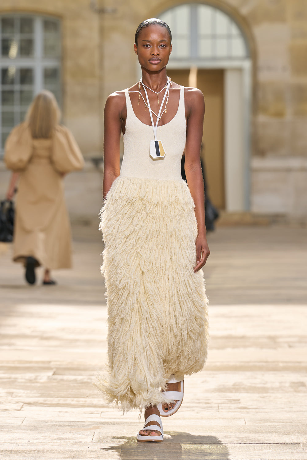 Elianor Fringe Knit Dress in Off White Cashmere