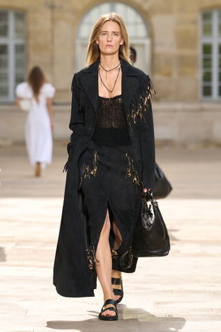 Black Suede Fringe Trench Coat with Tarot Charms - Runway Look | Gabriela Hearst