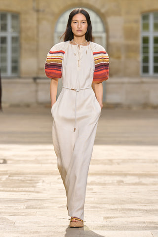 Nomo Crochet Puff Sleeve Maxi Dress in Ivory Textured Linen Twill