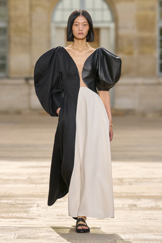 Black Leather Ivory Silk Asymmetrical Puff Sleeve Dress - Runway Front | Gabriela Hearst