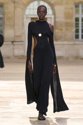 Black Silk Daya Cutout Knit Hoodie Maxi Dress - Runway Model Full Length Front View | Gabriela Hearst