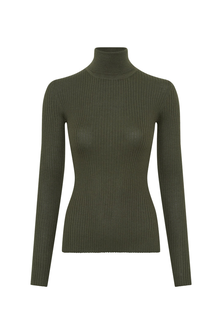 Peppe Knit Turtleneck Sweater in Deep Olive Cashmere