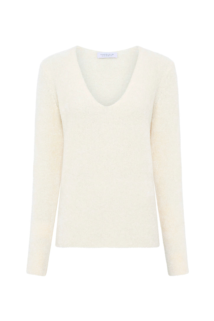Ward Knit V-Neck Sweater in Ivory Silk