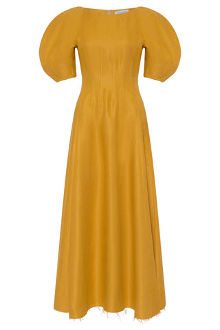 Ranya Puff Sleeve Maxi Dress in Golden Birch Linen Twill