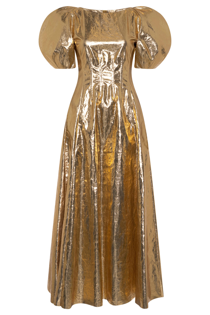 Ranya Dress In Metallic Gold Linen Twill