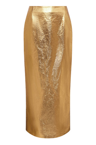 Metallic Gold Linen Manuela Midi Pencil Skirt - Front View | Gabriela Hearst