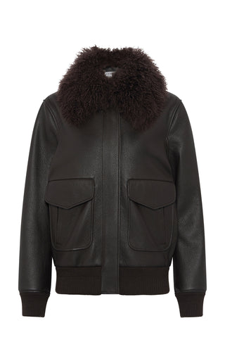 Ebony Deerskin Leather Grant Jacket with Brown Shearling Collar - Front View | Gabriela Hearst