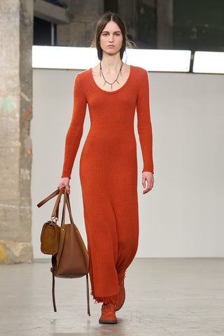 Orange Knit Maxi Dress Runway Look with Brown Leather Handbag | Gabriela Hearst