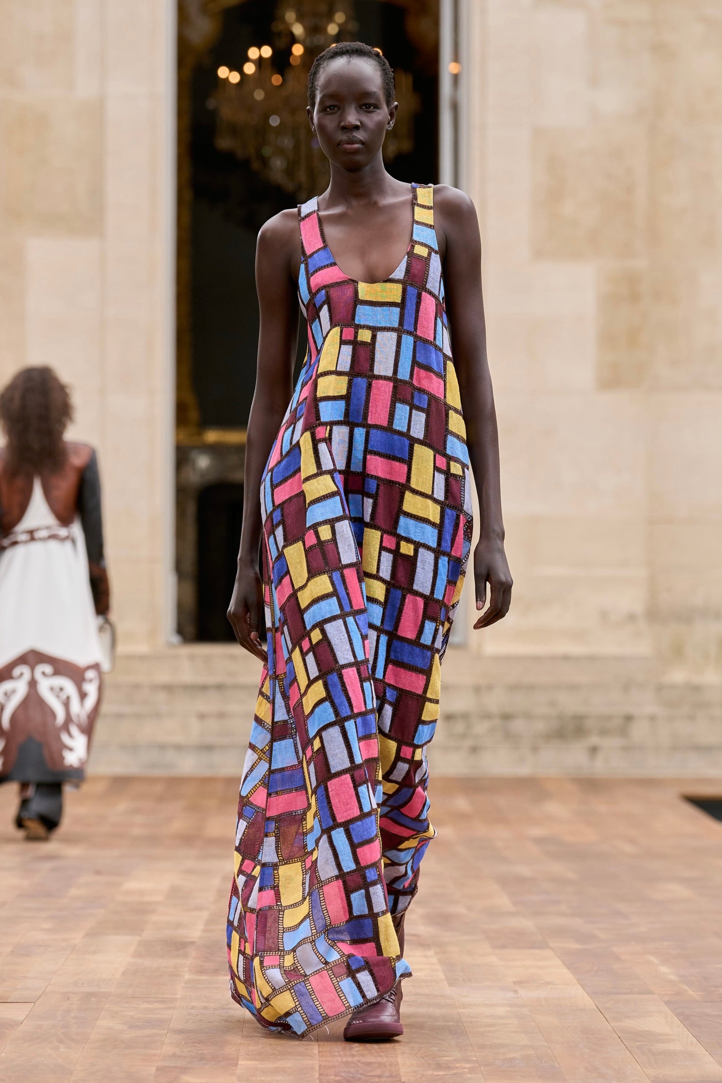 Niki Patchwork Embroidered Maxi Dress in Aurora Multi Linen