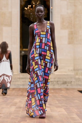 Niki Patchwork Embroidered Maxi Dress in Aurora Multi Linen