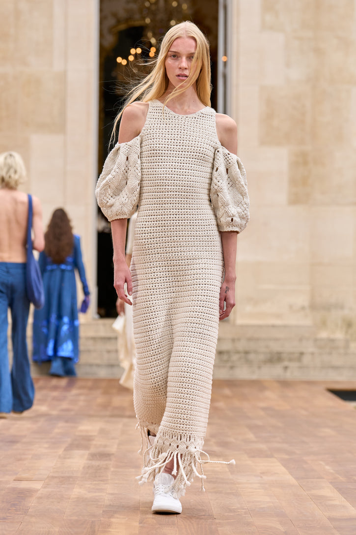 Levana Fringe Crochet Maxi Dress in Ivory Cashmere