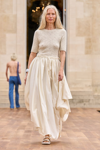 Dea Pleated Maxi Skirt in Ivory Virgin Wool Silk Linen