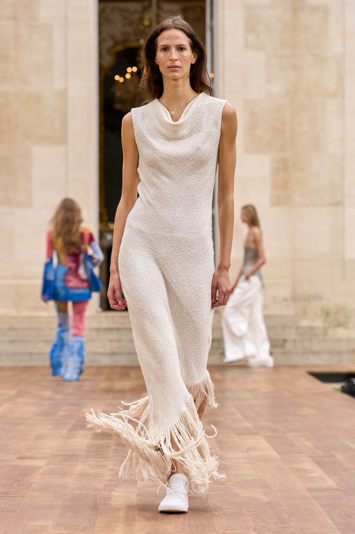 Awar Fringe Midi Dress in Ivory Silk Cashmere Boucle